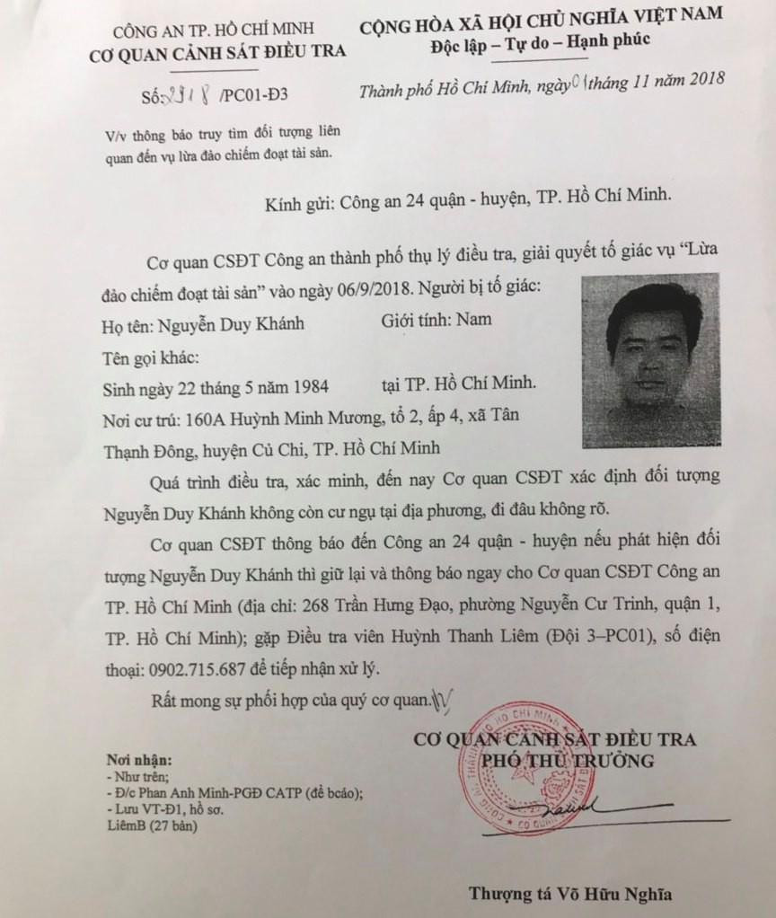 Cơ quan CSĐT Công an TPHCM từng phát thông báo truy tìm cựu CSGT Nguyễn Duy Khánh. Cơ quan CSĐT Công an TPHCM từng phát thông báo truy tìm cựu CSGT Nguyễn Duy Khánh.