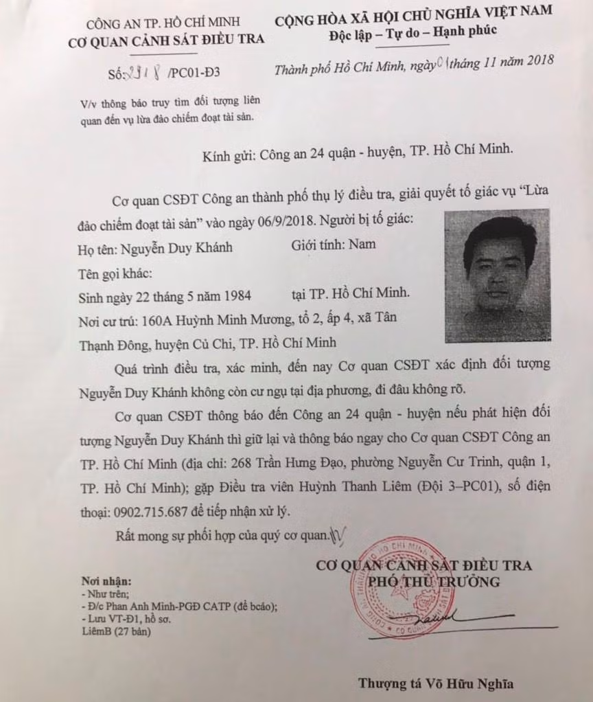 Cơ quan CSĐT Công an TPHCM từng phát thông báo truy tìm cựu CSGT Nguyễn Duy Khánh.