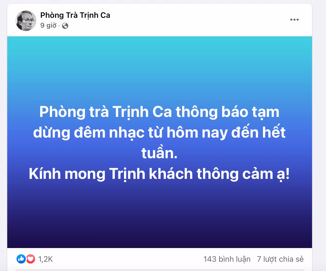 Phòng trà Trịnh ca thông báo dừng tất cả buổi diễn đến hết tuần.