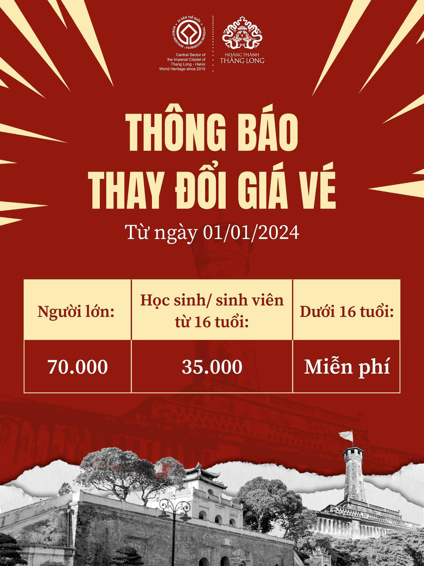 Hoàng thành Thăng Long thông báo thay đổi giá vé trên fanpage.