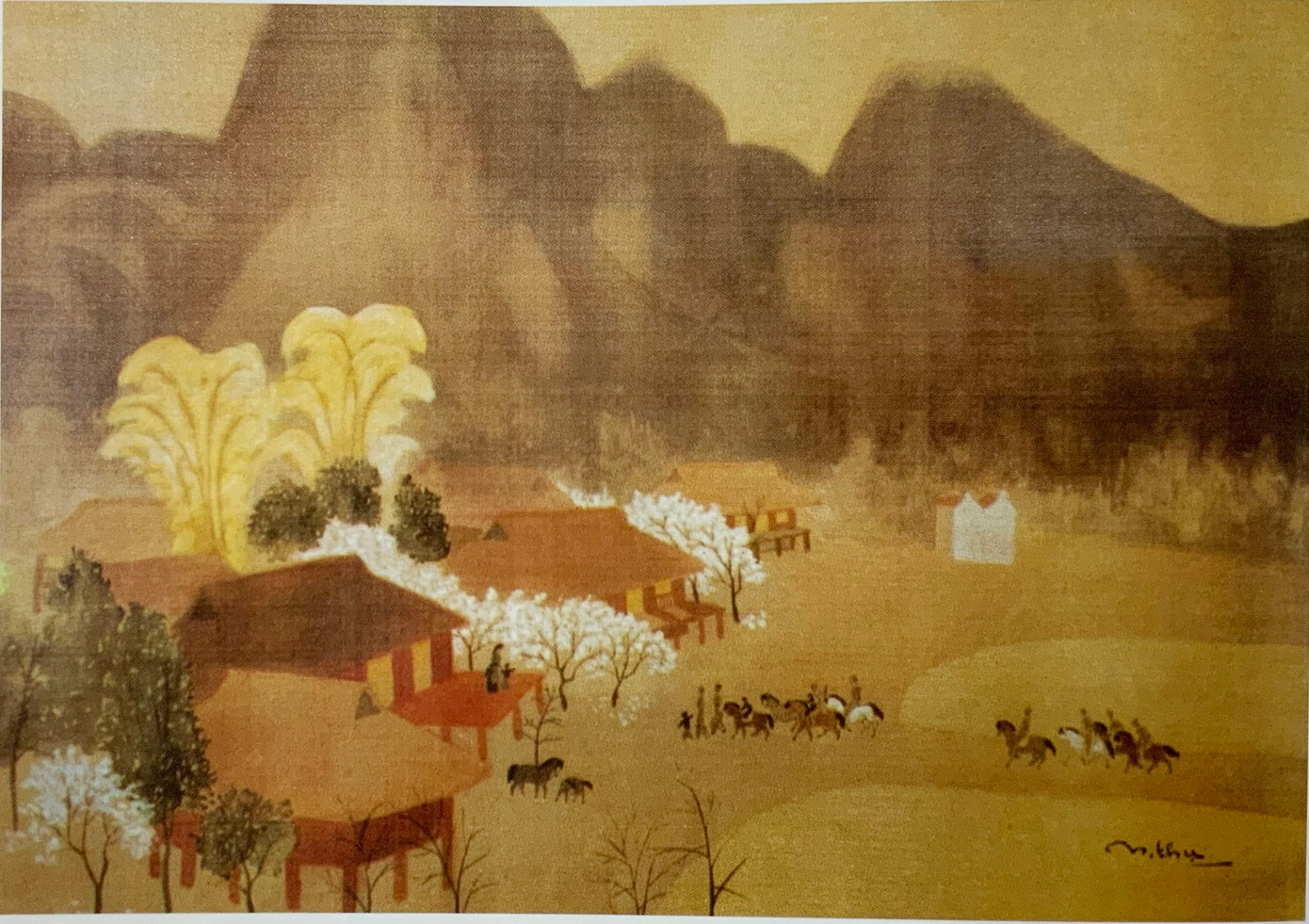 Bức tranh Làng ven núi được họa sĩ Nguyễn Thụ vẽ năm 1976.