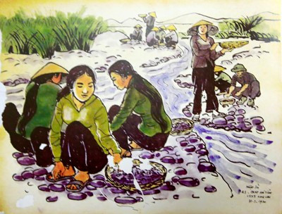 Bức Nhặt sỏi. A3. TNXP Hà Tĩnh, Khe Lau 31/3/1970. Ký họa bút sắt và thuốc nước.