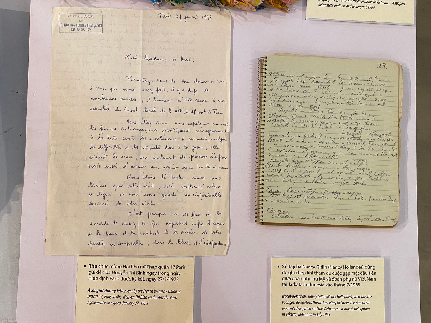 Triển lãm Khát vọng Hòa bình do Bảo tàng Phụ nữ Việt Nam thực hiện, chia thành hai chủ đề: Đường tới hòa bình và Hiệp định Paris - Chiến thắng của khát vọng hòa bình. Triển lãm dẫn dắt người xem đến những câu chuyện về ý chí, sự kiên cường và anh dũng, bản lĩnh và trí tuệ của người phụ nữ Việt Nam trên mọi mặt trận từ chính trị, quân sự, ngoại giao nhân dân.. Triển lãm Khát vọng Hòa bình do Bảo tàng Phụ nữ Việt Nam thực hiện, chia thành hai chủ đề: Đường tới hòa bình và Hiệp định Paris - Chiến thắng của khát vọng hòa bình. Triển lãm dẫn dắt người xem đến những câu chuyện về ý chí, sự kiên cường và anh dũng, bản lĩnh và trí tuệ của người phụ nữ Việt Nam trên mọi mặt trận từ chính trị, quân sự, ngoại giao nhân dân..