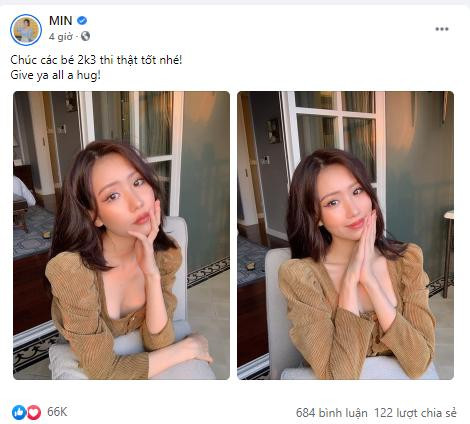 Nữ ca sĩ "Ghen cô vy" Min cũng đăng tải hình ảnh cổ vũ các bạn thí sinh cùng lời chúc "Chúc các em thi thật tốt nhé. Gửi một cái ôm tới các em." Nữ ca sĩ "Ghen cô vy" Min cũng đăng tải hình ảnh cổ vũ các bạn thí sinh cùng lời chúc "Chúc các em thi thật tốt nhé. Gửi một cái ôm tới các em."