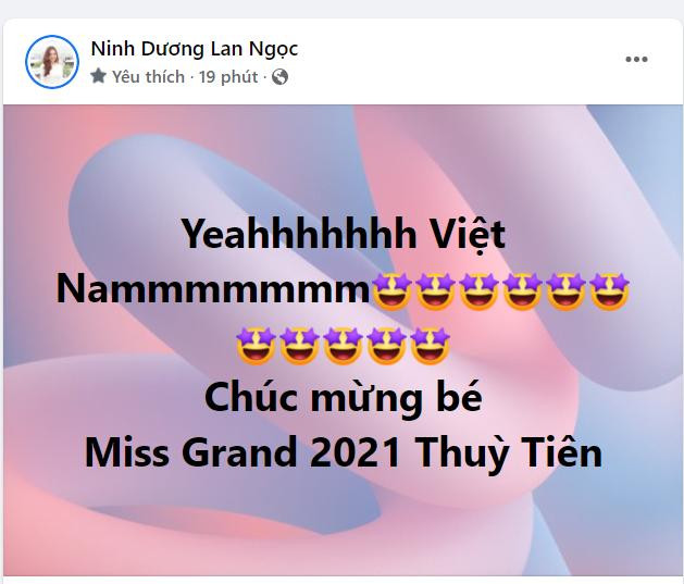 Theo dõi Thùy Tiên từ đầu chương trình, vào khoảnh khắc người đẹp đăng quang, Ninh Dương Lan Ngọc tự hào: "Chúc mừng bé Miss Grand 2021 Thùy Tiên. Yeah Việt Nam."