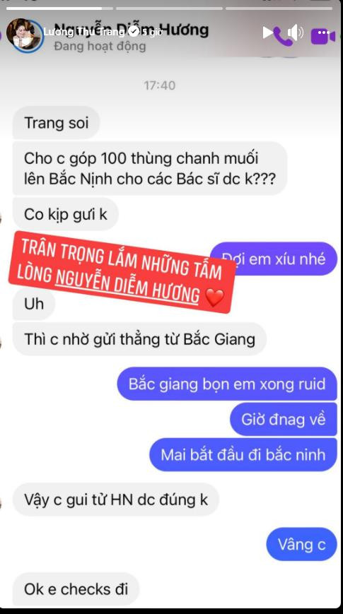 Diễn viên Diễm Hương trực tiếp nhắn tin cho Lương Thu Trang gửi 100 thùng chanh muối tới Bắc Ninh.