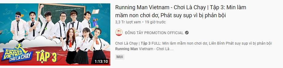 Chỉ sau 1 ngày phát sóng, &quot;Running Man&quot; tập 3 đã cán mốc 3.3 triệu lượt xem. Dù chương trình nhận không ít &quot;gạch đá&quot; kể từ ngày phát sóng bởi sự xuất hiện của Jack nhưng những thử thách, trò chơi trong tập mới nhất vẫn khiến khán giả &quot;cười lăn cười bò&quot; cùng khách mời.