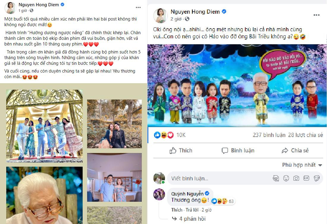 Xúc động xem tập cuối cùng của bộ phim khép lại, Hồng Diễm chia sẻ hai bài đăng phủ sóng cộng đồng mạng &quot;Hành trình “Hướng dương ngược nắng” đã chính thức khép lại. Chân thành cảm ơn toàn bộ ekip đoàn phim đã vui buồn, giận hờn, vất vả bên nhau suốt gần 10 tháng quay phim. Trân trọng cảm ơn khán giả đã đồng hành cùng bộ phim suốt hơn 5 tháng trên sóng truyền hình. Những cảm xúc, những góp ý của khán giả sẽ là động lực để chúng tôi tự tin bước tiếp.&quot;