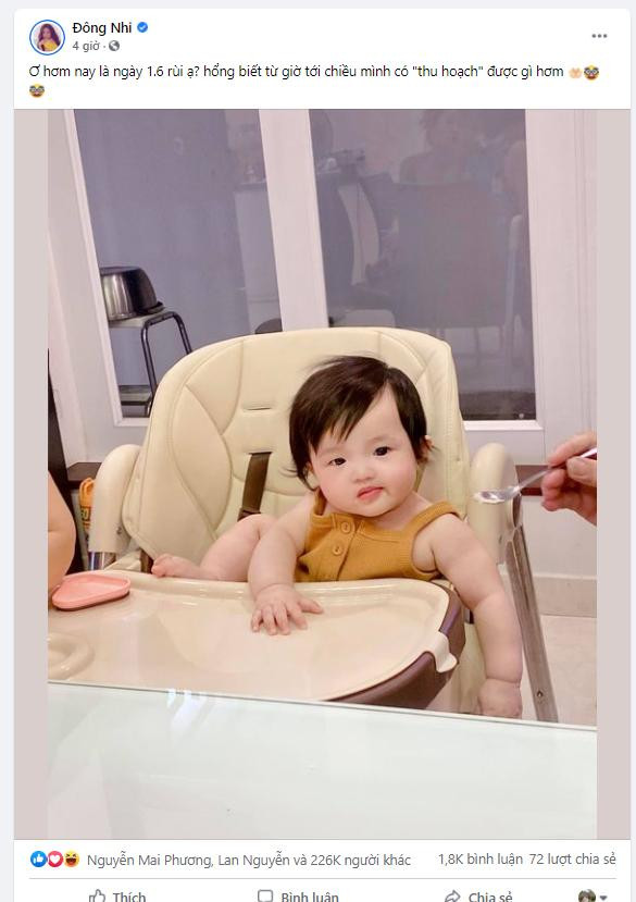 Đăng hình con gái với gương mặt hài hước, Đông Nhi viết: &quot;Ơ hôm nay mùng 1.6 rồi à, hổng biết từ giờ tới chiều mình có thu hoạch được gì không?&quot;.