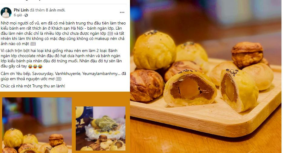 MC Phí Linh tạm gác công việc, xắn tay vào bếp lần đầu làm bánh Trung thu. "Nhờ mọi người cổ vũ, em đã có mẻ bánh Trung thu đầu tiên làm theo kiểu bánh em rất thích ăn ở khách sạn - bánh ngàn lớp. Lần đầu làm nên chắc chỉ là nhiều lớp chứ chưa được ngàn lớp, và tất nhiên khi làm thì không có mặc đẹp cũng không có makeup nên chả ảnh nào có mặt." MC Phí Linh tạm gác công việc, xắn tay vào bếp lần đầu làm bánh Trung thu. "Nhờ mọi người cổ vũ, em đã có mẻ bánh Trung thu đầu tiên làm theo kiểu bánh em rất thích ăn ở khách sạn - bánh ngàn lớp. Lần đầu làm nên chắc chỉ là nhiều lớp chứ chưa được ngàn lớp, và tất nhiên khi làm thì không có mặc đẹp cũng không có makeup nên chả ảnh nào có mặt."