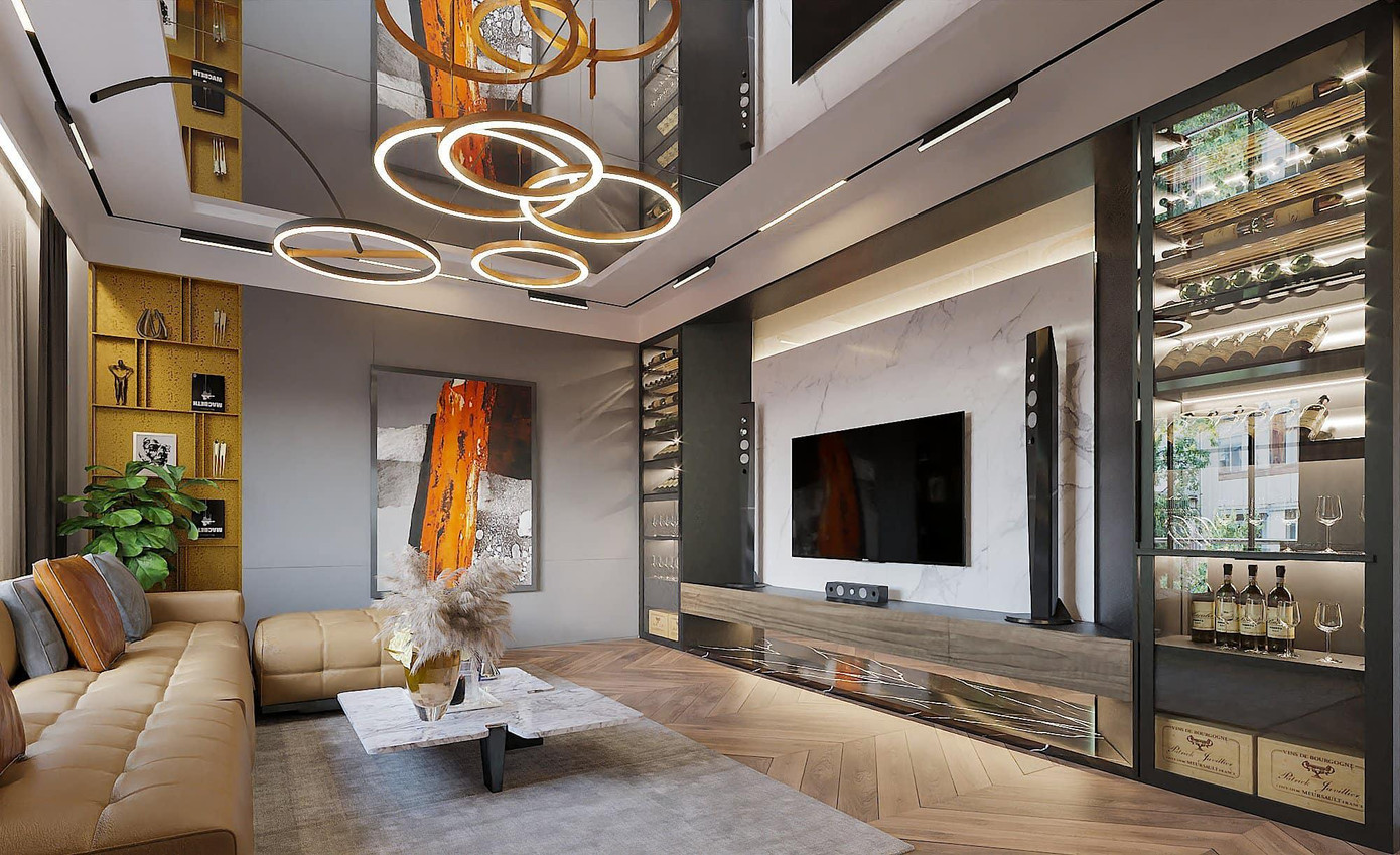 Phòng khách của gia đình được thiết kế theo phong cách phương Tây, tông chủ đạo nâu sáng. Phòng khách của gia đình được thiết kế theo phong cách phương Tây, tông chủ đạo nâu sáng.