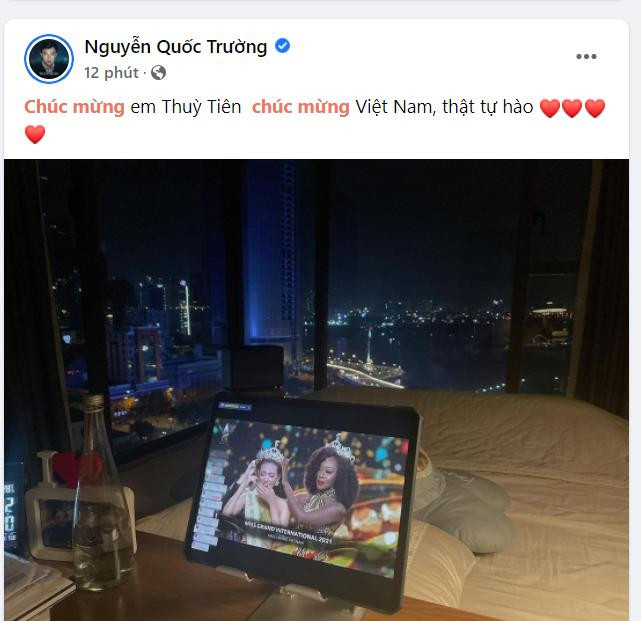 Diễn viên Quốc Trường đăng bài chúc mừng người đẹp Thùy Tiên, chúc mừng Việt Nam.