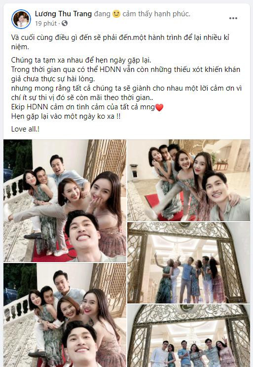 Nhìn lại thời gian gắn bó với phim, Lương Thu Trang xúc động bày tỏ &quot;Một hành trình để lại nhiều kỉ niệm. Chúng ta tạm xa nhau để hẹn ngày gặp lại. Trong thời gian qua có thể bộ phim vẫn còn những thiếu xót khiến khán giả chưa thực sự hài lòng.nhưng mong rằng tất cả chúng ta sẽ giành cho nhau một lời cảm ơn vì chí ít sự thi vị đó sẽ còn mãi theo thời gian.&quot;