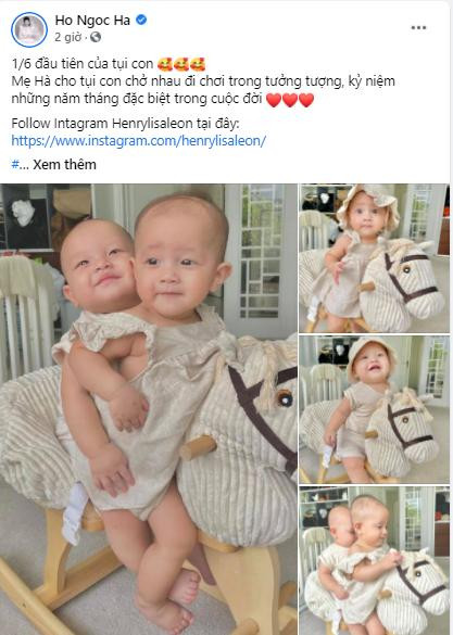 Trên trang cá nhân, Hồ Ngọc Hà tiết lộ đây là ngày 1/6 đầu tiên của cặp sinh đôi Lisa &amp; Leon. &quot;Mẹ Hà cho tụi con chở nhau đi chơi trong tưởng tượng, kỷ niệm những năm tháng đặc biệt trong cuộc đời.&quot; Hình ảnh dễ thương của song sinh nhanh chóng &apos;gây sốt&apos; mạng xã hội với hơn 100.000 lượt &apos;thả tim&apos; chỉ trong 1 giờ đăng tải.