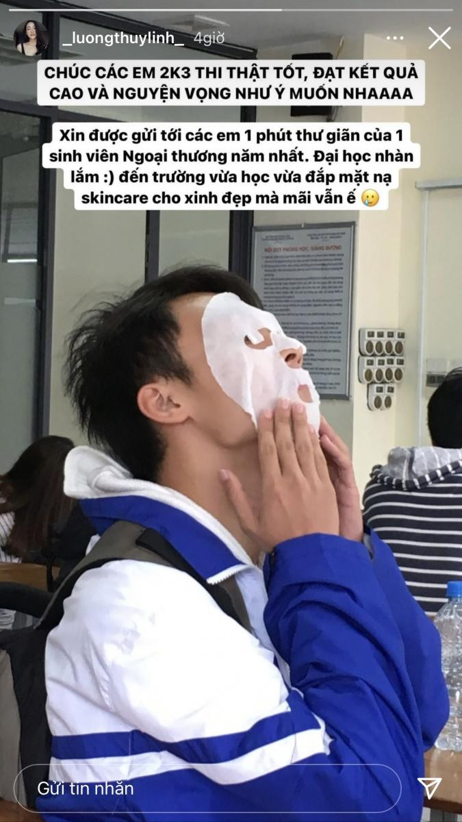 Giải trí trước không khí hồi hộp trước kì thi, Lương Thùy Linh gửi lời chúc mong các em đạt nguyện vọng như ý. Kèm đó, cô tấu hài tiết lộ "Đại học nhàn lắm, đến trường vừa học vừa đắp mặt nạ cho xinh đẹp." Giải trí trước không khí hồi hộp trước kì thi, Lương Thùy Linh gửi lời chúc mong các em đạt nguyện vọng như ý. Kèm đó, cô tấu hài tiết lộ "Đại học nhàn lắm, đến trường vừa học vừa đắp mặt nạ cho xinh đẹp."