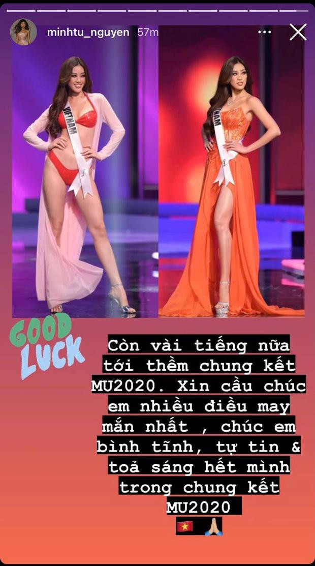 Minh Tú gửi tặng nàng hậu lời chúc cùng may mắn để tỏa sáng hết mình trong chung kết Miss Universe 2020. Minh Tú gửi tặng nàng hậu lời chúc cùng may mắn để tỏa sáng hết mình trong chung kết Miss Universe 2020.