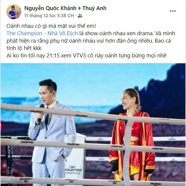 Diễn viên Thùy Anh tham gia gameshow &quot;Nhà vô địch&quot; nhận được bình luận từ BTV Quốc Khánh. &quot;Tôi nhận ra phụ nữ đánh nhau vui hơn đàn ông nhiều&quot;, - anh dí dỏm chia sẻ.