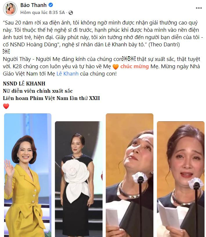 Bảo Thanh gửi lời chúc mừng NSND Lê Khanh giành giải nữ diễn viên xuất sắc nhất trong "Liên hoan Phim Việt Nam lần thứ XXII".