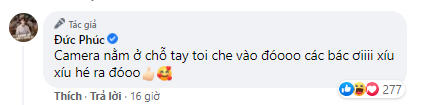 Trước đông đảo thắc mắc dồn dập của fan, Đức Phúc lên tiếng giải thích: &quot;Camera nằm ở chỗ tay tôi che vào đó các bác ơi&quot;.