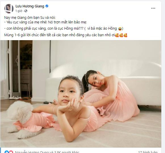 Nhà Lưu Hương giang - Hồ Hoài Anh khoe hình hai công chúa diện váy hồng, gửi lời chúc 1/6 tới các bạn nhỏ đáng yêu.