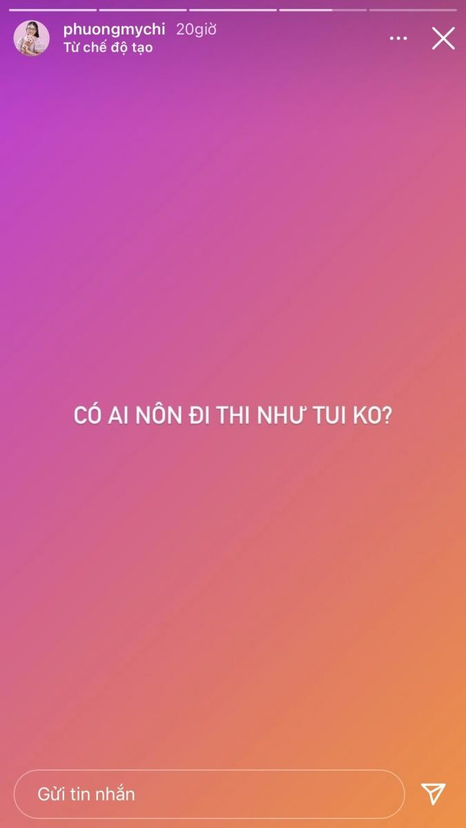 Trò chuyện cùng fan trước giờ thi, Phương Mỹ Chi đăng tải trạng thái theo từng giờ "Có ai mong đi thi như tôi không?". Trò chuyện cùng fan trước giờ thi, Phương Mỹ Chi đăng tải trạng thái theo từng giờ "Có ai mong đi thi như tôi không?".