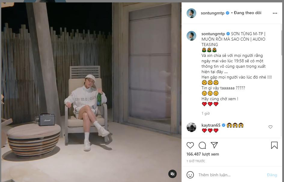 Đăng clip trailer nửa đêm, chỉ sau 1 giờ đồng hồ, Sơn Tùng nhận lượt tương tác "khủng" lên tới hơn 100.000 lượt thích. Đăng clip trailer nửa đêm, chỉ sau 1 giờ đồng hồ, Sơn Tùng nhận lượt tương tác "khủng" lên tới hơn 100.000 lượt thích.