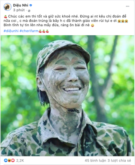 Gửi bức hình giải trí dành tặng các bạn 2k3, Diệu Nhi dí dỏm viết "Chúc các em thi tốt và giữ sức khoẻ nhé. Đừng ai nhắn tin kêu chị đoán đề nữa coi, chị mà đoán trúng là bây giờ chị đã thành giáo viên rồi. Bình tĩnh tự tin lên nha mấy đứa, ráng ôn bài đi nè". Gửi bức hình giải trí dành tặng các bạn 2k3, Diệu Nhi dí dỏm viết "Chúc các em thi tốt và giữ sức khoẻ nhé. Đừng ai nhắn tin kêu chị đoán đề nữa coi, chị mà đoán trúng là bây giờ chị đã thành giáo viên rồi. Bình tĩnh tự tin lên nha mấy đứa, ráng ôn bài đi nè".