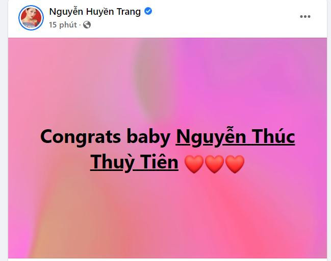 Diễn viên Huyền Trang "Mù tạt" hưởng ứng: "Congrats baby Nguyễn Thúc Thùy Tiên."