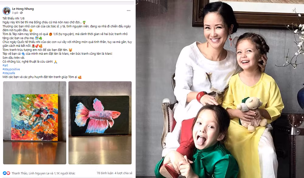 Nhân ngày 1/6, ca sĩ Hồng Nhung khoe thành phẩm ý nghĩa của hai bé ở nhà. Cô cho biết hai bé tự nguyện không nhận quà ngày Tết thiếu nhi, thay vào đó chủ động vẽ tranh tặng cho các bạn xa cha mẹ "Tôm và Tép năm nay không có quà mà dành thời gian vẽ hai bức tranh nhỏ tặng các bạn xa cha mẹ. Chúc ngày Quốc tế thiếu nhi của các con vui vầy với những món quà tinh thần, tuy xa mà gần, tuy giãn cách mà kết nối!"