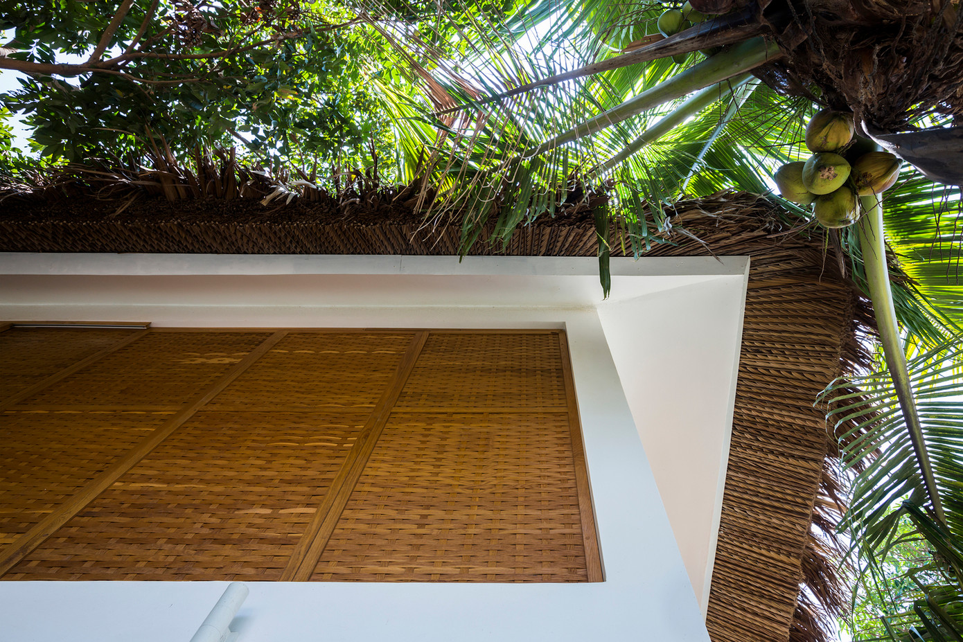 Điểm nhấn của ngôi nhà đến từ việc sử dụng chất liệu thôn quê dân dã. Trong đó, mái lá cọ được sử dụng như một lớp cách nhiệt bên ngoài, gợi sự gần gũi với những ngôi nhà miền Tây khác.