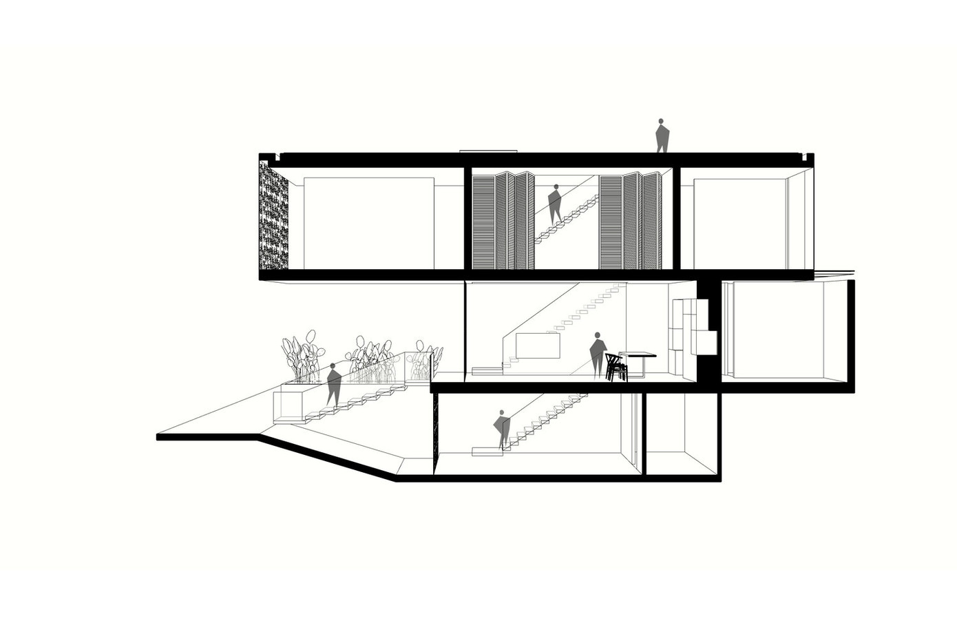 Do đó, thay vì xây cao tầng, kiến trúc sư sử dụng thiết kế bán hầm để tối ưu diện tích sử dụng mà không làm tăng chiều cao tổng thể. Thiết kế này cũng có thể giảm đi lại trong nhà nhưng vẫn duy trì không gian để sắp xếp các khu vực chức năng.