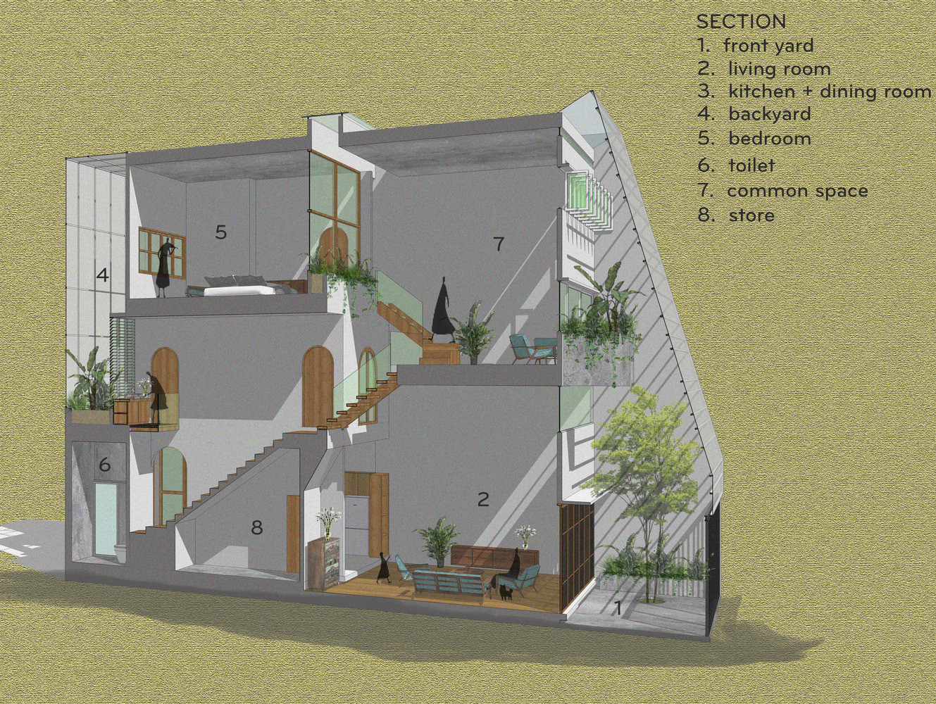 Trục giao thông trong nhà được bố trí theo chiều đứng để di chuyển xoay quanh ngôi nhà cùng những khoảng không gian đệm chuyển tiếp giúp kết nối, tăng cường sự tương tác giữa các thành viên trong gia đình. Trục giao thông trong nhà được bố trí theo chiều đứng để di chuyển xoay quanh ngôi nhà cùng những khoảng không gian đệm chuyển tiếp giúp kết nối, tăng cường sự tương tác giữa các thành viên trong gia đình.
