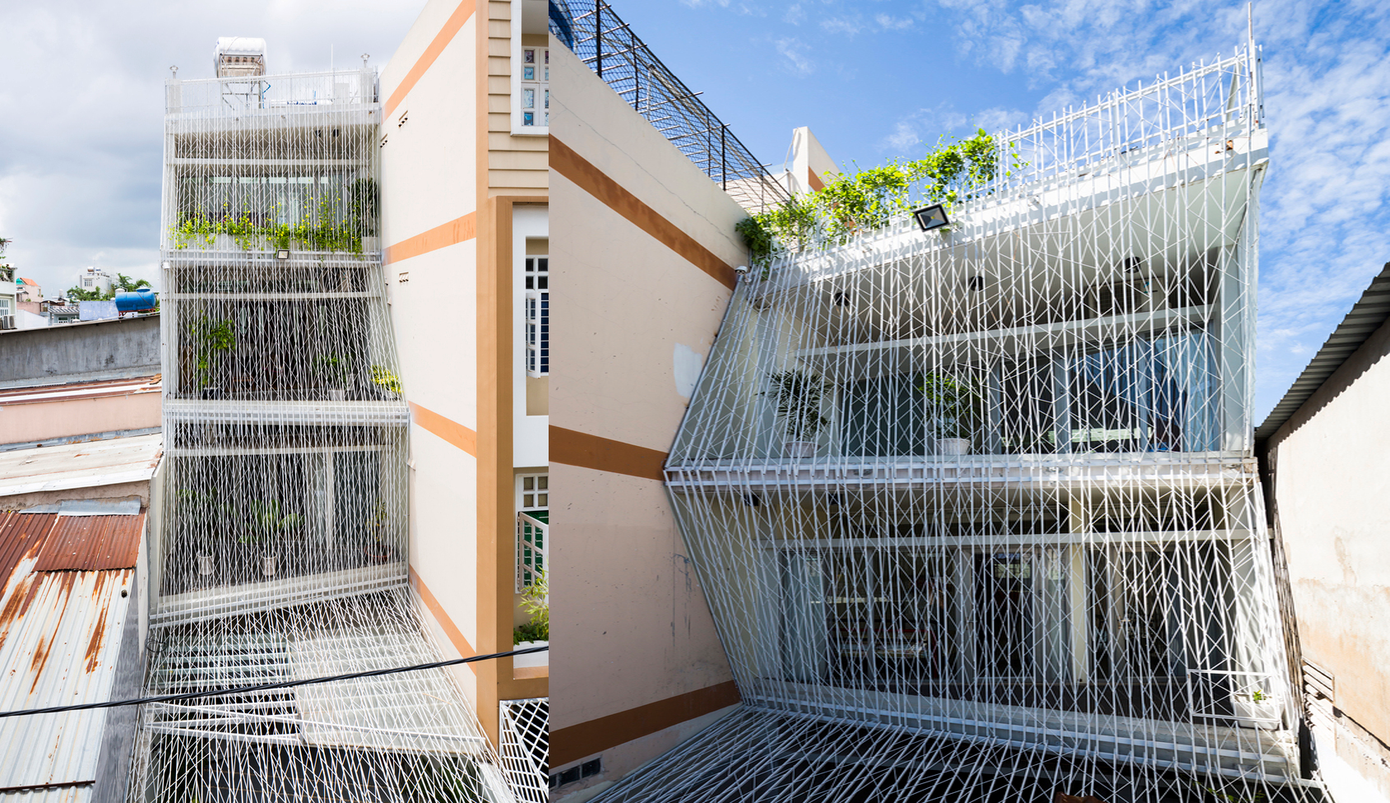 Các cạnh góc của ban công, với mỗi tầng lùi lại một mét so với tầng dưới, buộc lưới thép đổ xuống mặt ngoài bốn tầng của ngôi nhà, tạo nên một mặt tiền mềm mại và ấn tượng.