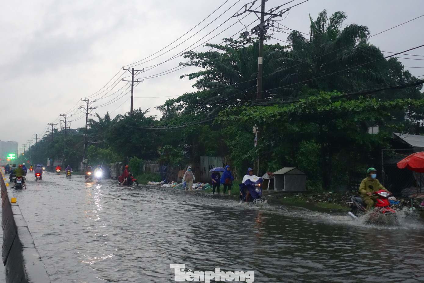 Một đoạn gần 1km trên quốc lộ 1 (phường Bình Trị Đông B, quận Bình Tân) bị ngập sâu sau cơn mưa nặng hạt chiều 14/9.