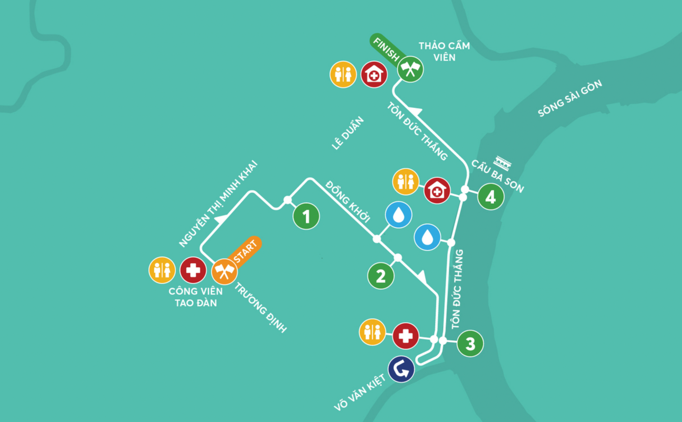 Lộ trình cự ly 5 km ở khu vực trung tâm quận 1 (TPHCM), dự kiến xuất phát 0h30 ngày 12/2.