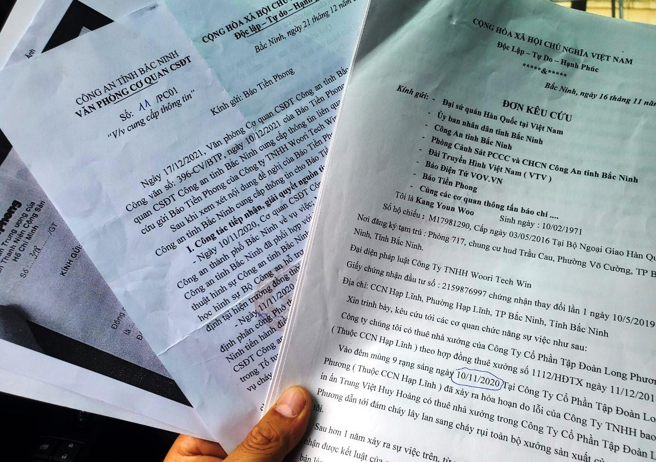 Đơn kêu cứu của Công ty Woori Tech Win và công văn của Cơ quan Cảnh sát điều tra công an tỉnh Bắc Ninh trả lời Tiền Phong