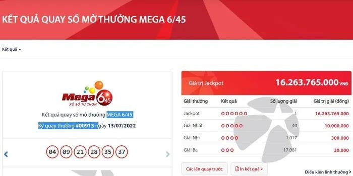 Kết quả kỳ quay số mở thưởng lần thứ 913 của sản phẩm Mega 6/45 vào tối 13/7. Kết quả kỳ quay số mở thưởng lần thứ 913 của sản phẩm Mega 6/45 vào tối 13/7.