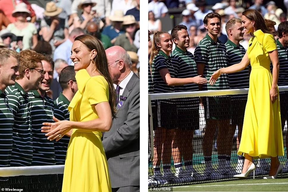 Công nương Kate chào hỏi và bắt tay với đội ngũ nhân viên phục vụ tại Sân vận động Trung tâm ở Wimbledon.