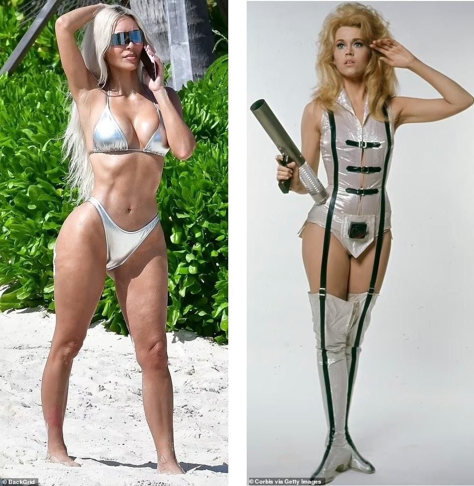 Vẻ ngoài mới của Kim gợi nhớ đến nhân vật Barbarella do minh tinh Jane Fonda trong bộ phim hài khoa học viễn tưởng cùng tên lấy bối cảnh ngoài vũ trụ ra mắt năm 1968.