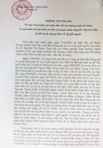 Thông báo chính thức của Viện kiểm sát nhân dân tối cao ngày 4/11
