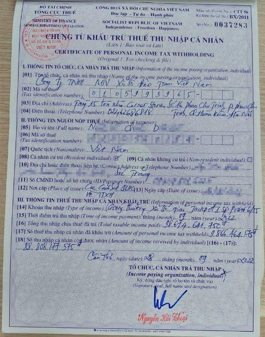Hóa đơn nộp thuế thu nhập cá nhân của ông N.Q.D