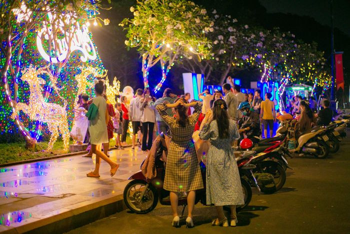 Người dân xếp hàng chờ check-in với cây thông đẹp mắt (Ảnh: Quang Thành)