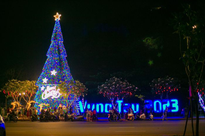 Cây thông trang trí tại khu vực công viên Mũi Nghinh Phong. Phối cảnh này sẽ cùng với những cây tùng bách tỏa sáng lung linh đến hết Tết Nguyên đán để phục vụ người dân địa phương và khách du lịch khi đến Vũng Tàu (Ảnh: Quang Thành)