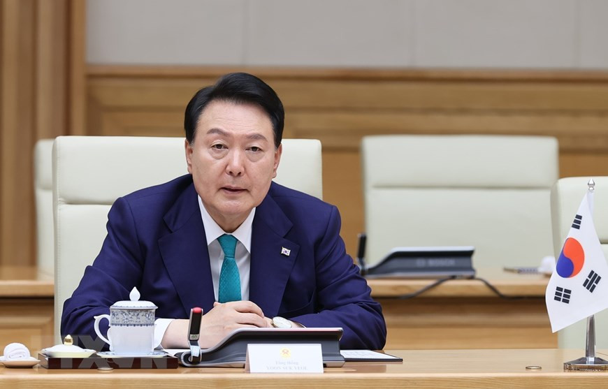 Tổng thống Hàn Quốc Yoon Suk Yeol phát biểu. (Ảnh: Dương Giang/TTXVN) Tổng thống Hàn Quốc Yoon Suk Yeol phát biểu. (Ảnh: Dương Giang/TTXVN)