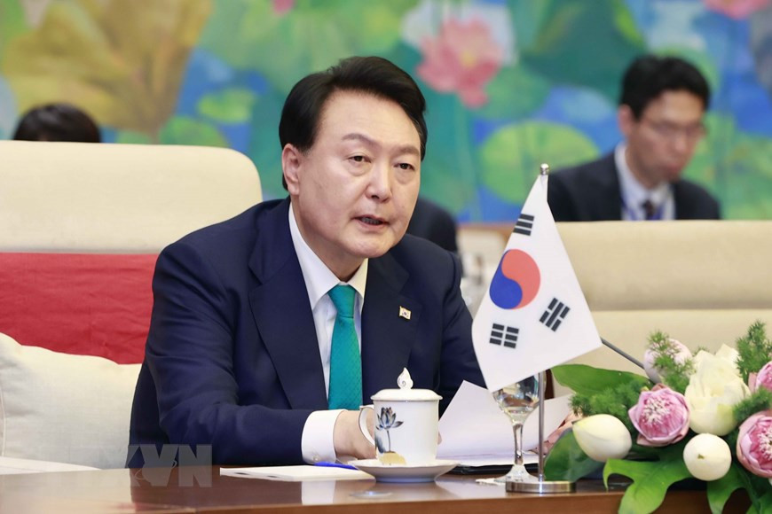 Tổng thống Hàn Quốc Yoon Suk Yeol phát biểu. (Ảnh: Doãn Tấn/TTXVN) Tổng thống Hàn Quốc Yoon Suk Yeol phát biểu. (Ảnh: Doãn Tấn/TTXVN)
