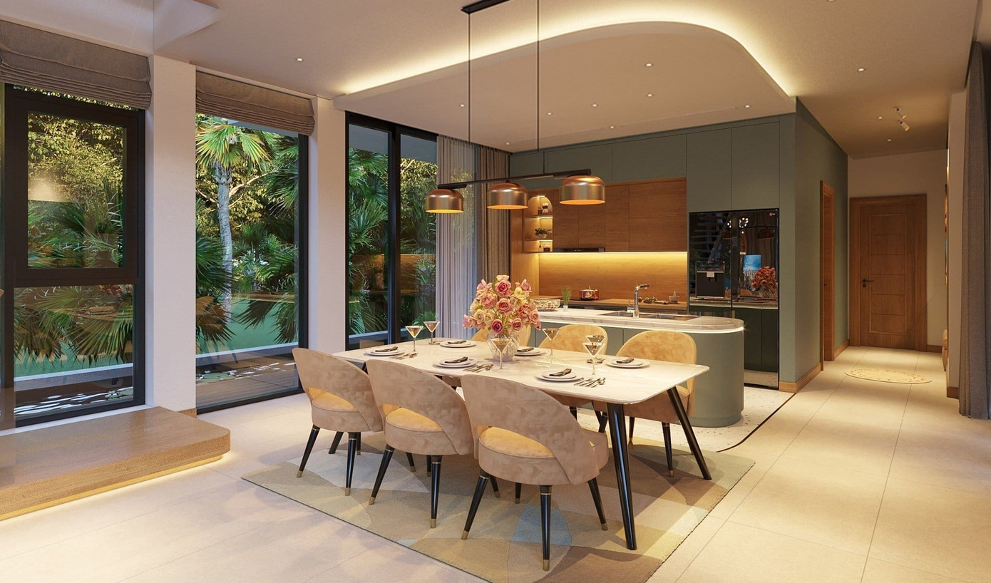 Phòng bếp rộng rãi, sử dụng tông màu vàng và xanh, tạo nên vẻ ấm cúng. Phòng bếp rộng rãi, sử dụng tông màu vàng và xanh, tạo nên vẻ ấm cúng.