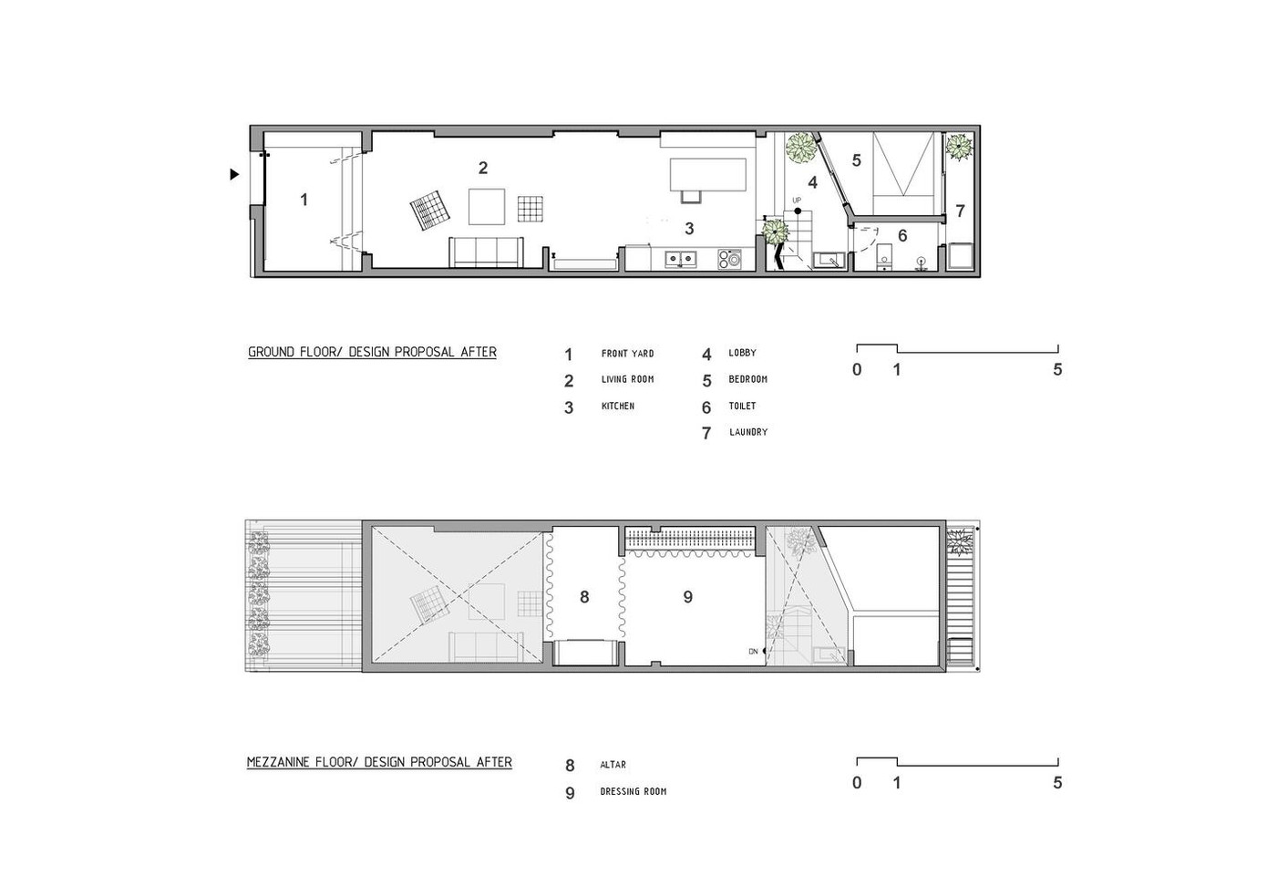 Mặt bằng tầng trệt và tầng lửng sau cải tạo.