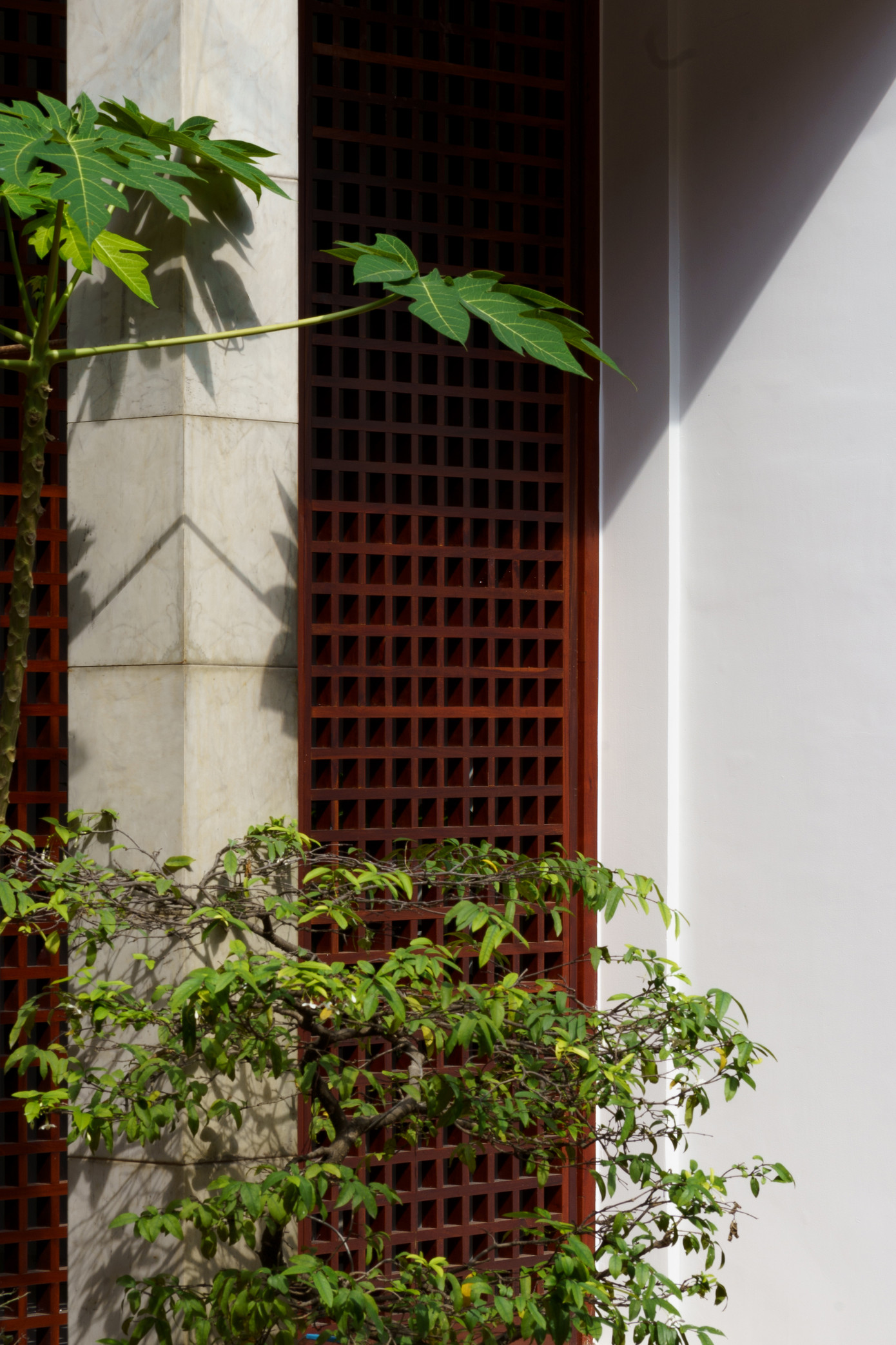 Ngôi nhà sử dụng gỗ đục lỗ vuông ở mặt tiền để chống nắng, lấy gió bên ngoài.