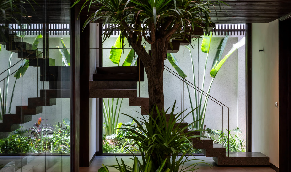 Khu vực cầu thang từ tầng trệt lên tầng 1, phía ngoài cũng là khoảng sân nhỏ đón sáng nhưng có tường bao kín đáo.