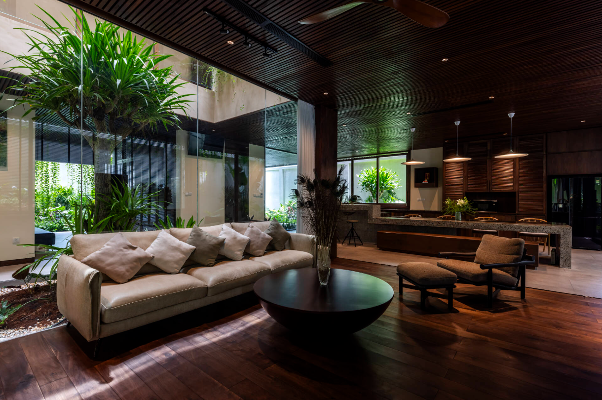 Chiếc ghế sofa đặt tại vị trí nhận nhiều ánh sáng, giúp khu vực này trở thành điểm nhấn của căn phòng.